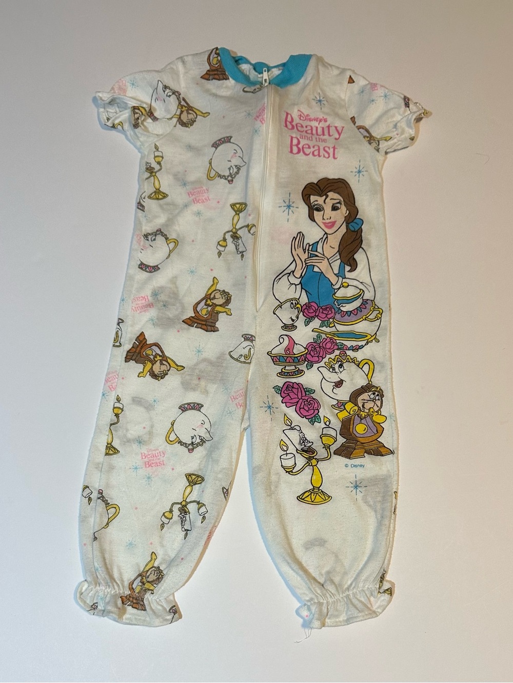 Vtg 90s Disney Beauty And The Beast Belle One Piece Pajamas Zip Up